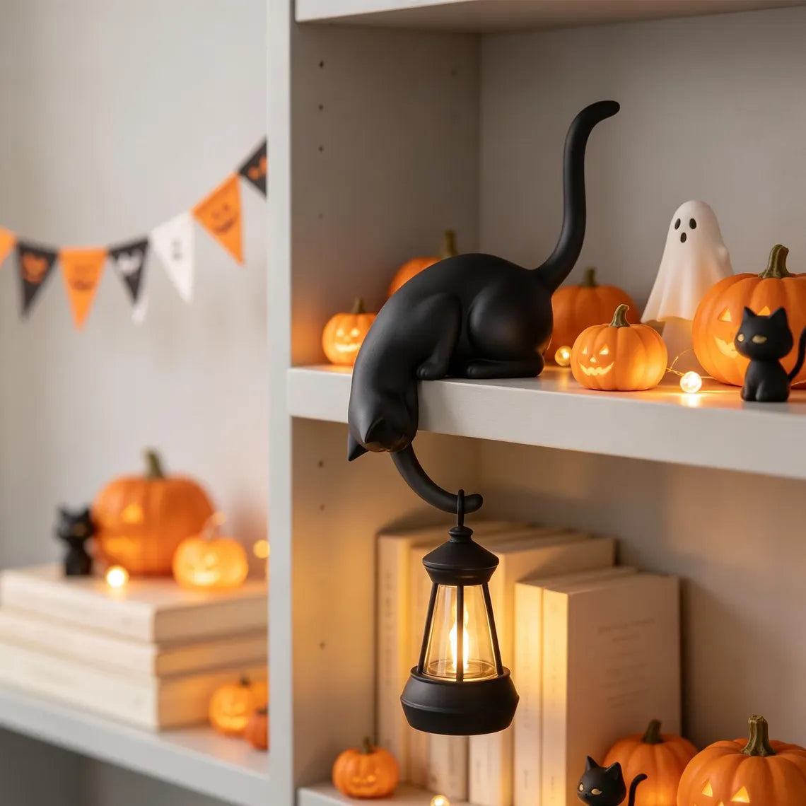 🐈‍Speelse kattenfiguur met LED-lantaarn voor op de boekenplank – Leuke decoratie voor je boekenplank en handige sleutelhaak