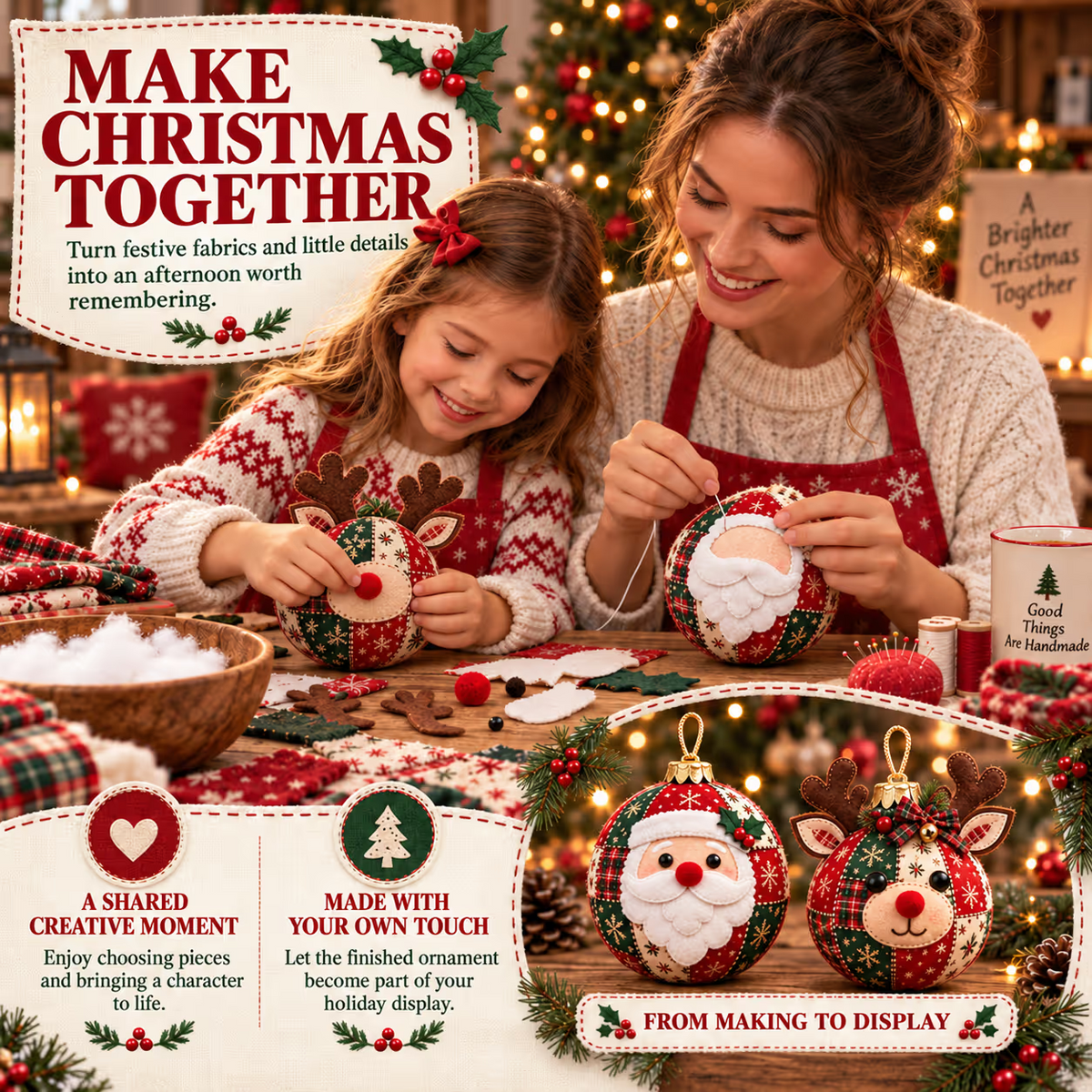 🎄Beginnersvriendelijke, gezellige patchwork kerstornamentencollectie | 8 feestelijke figuren voor bomen, kransen en kerstcadeaus ✨