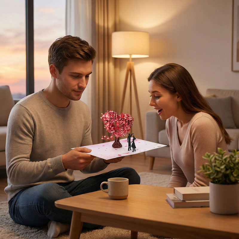 Romantische 3D-wenskaart "Dansen onder de hartboom"