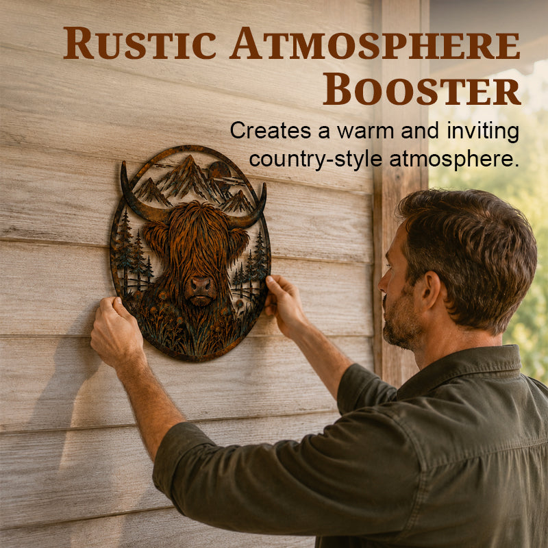 Metalen wanddecoratie met Schotse hooglandkoeien en berglandschap
