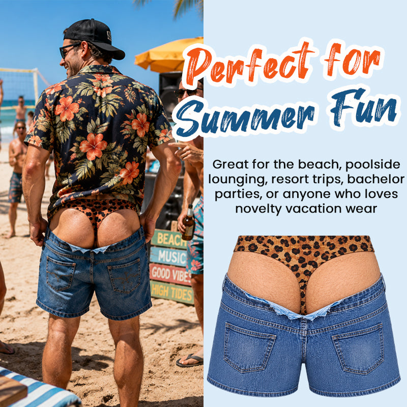 Grappige zwembroek van imitatiedenim met luipaardprint | Opvallende illusie-strandbroek