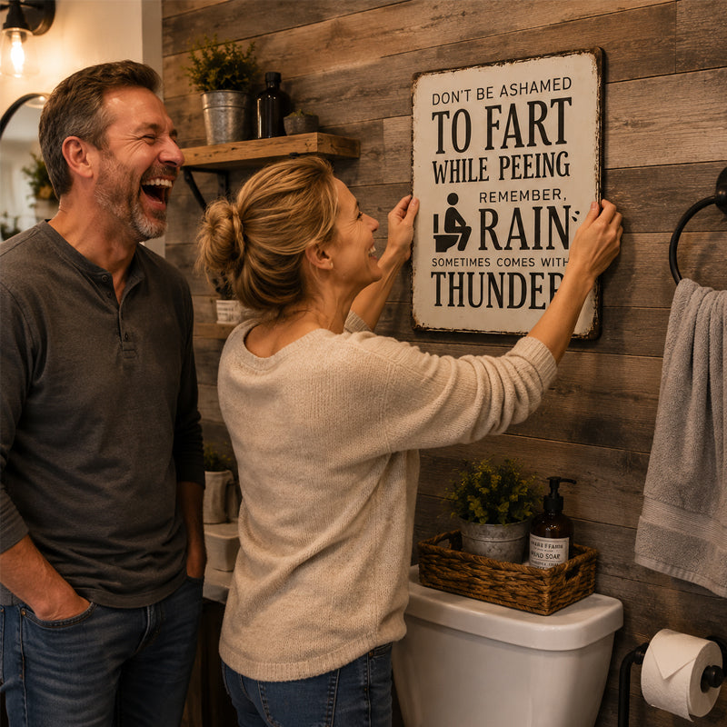 Grappig badkamerbordje – Vintage badkamerhumor wanddecoratie