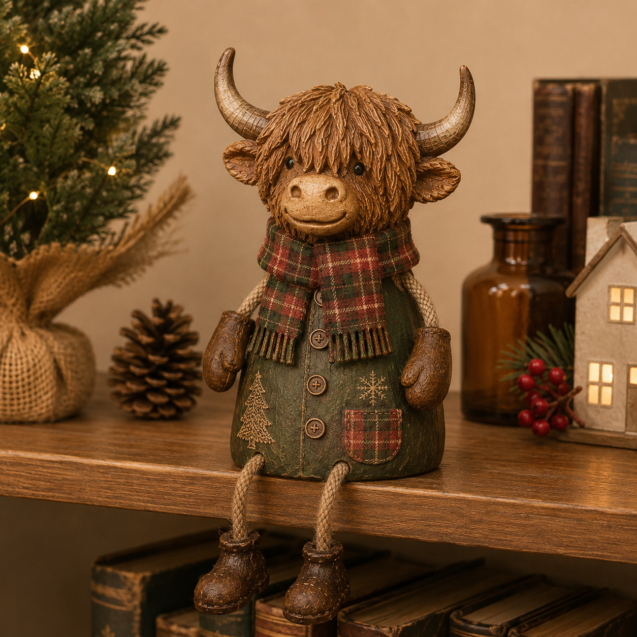 Feestelijke Schotse hooglandkoe als decoratie voor op een plank – Rustieke kerstdecoratie voor thuis