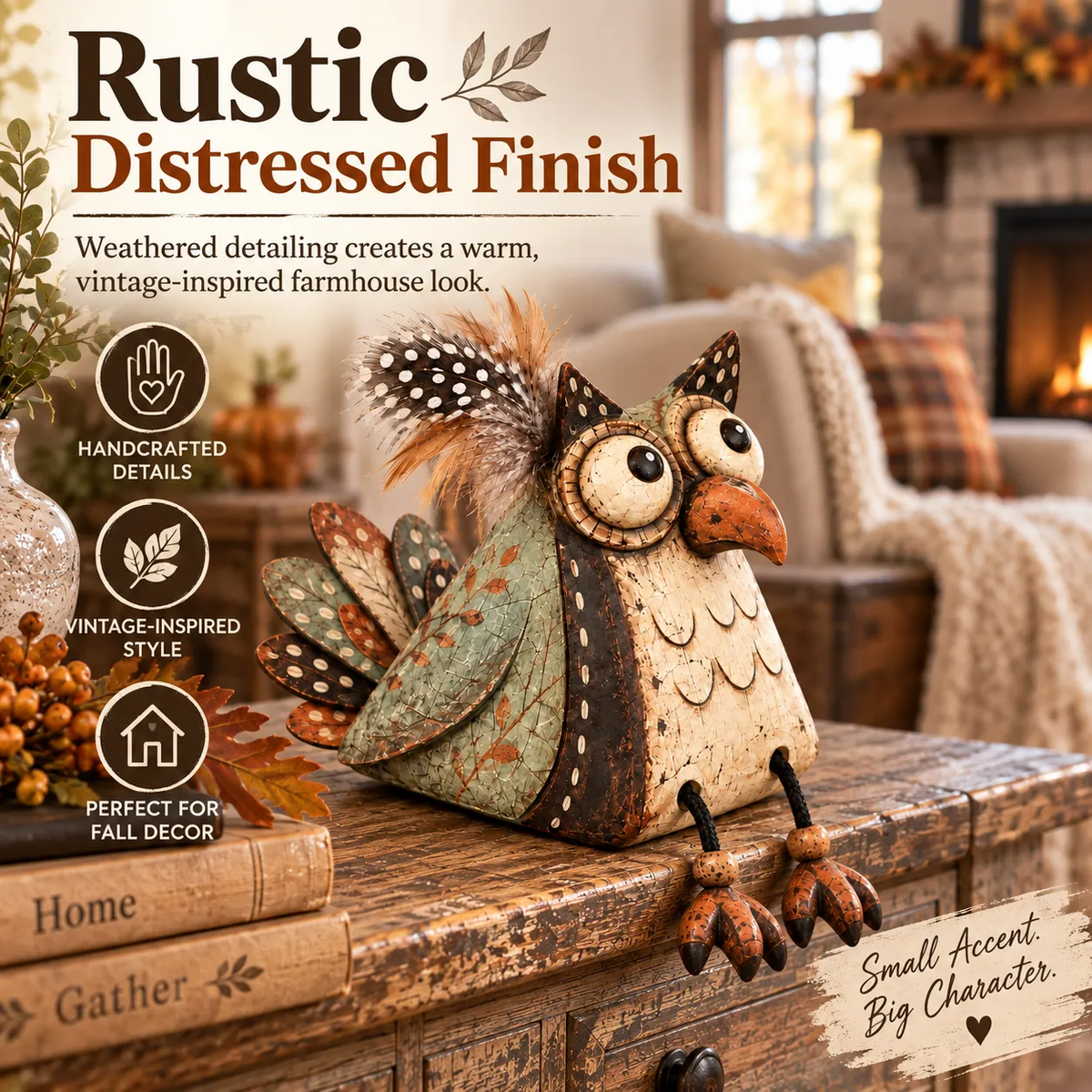 Rustieke speelse vintage uil als decoratie op een plank met bungelende poten.