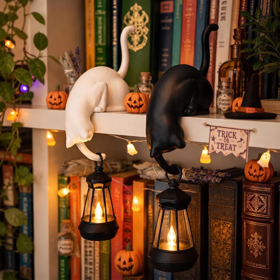🐈‍Speelse kattenfiguur met LED-lantaarn voor op de boekenplank – Leuke decoratie voor je boekenplank en handige sleutelhaak