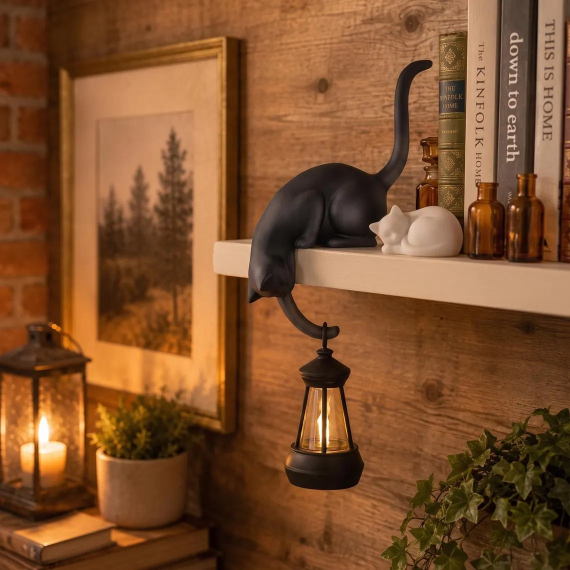 🐈‍Speelse kattenfiguur met LED-lantaarn voor op de boekenplank – Leuke decoratie voor je boekenplank en handige sleutelhaak