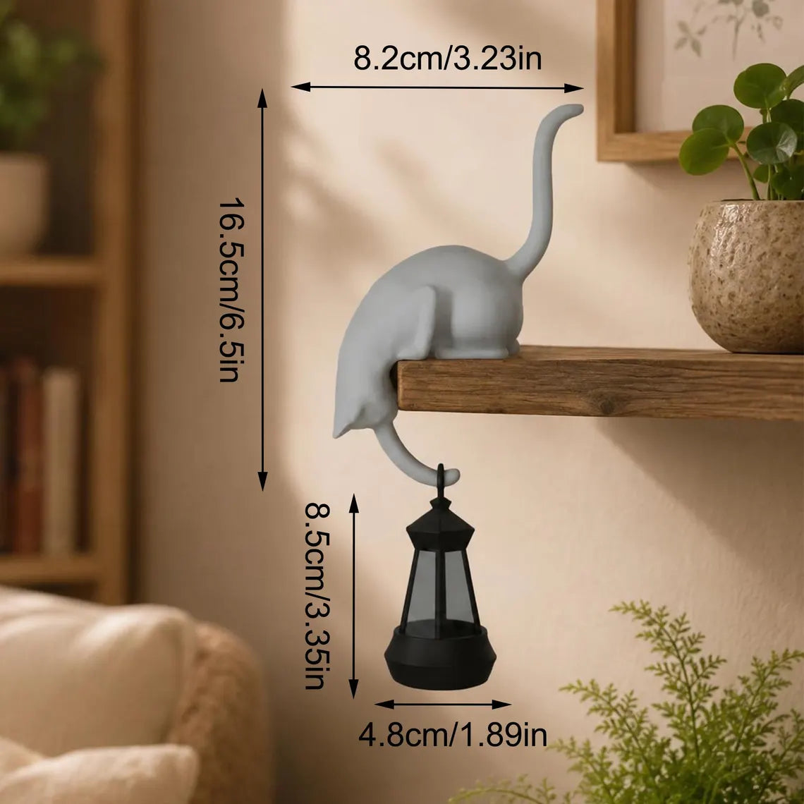 🐈‍Speelse kattenfiguur met LED-lantaarn voor op de boekenplank – Leuke decoratie voor je boekenplank en handige sleutelhaak