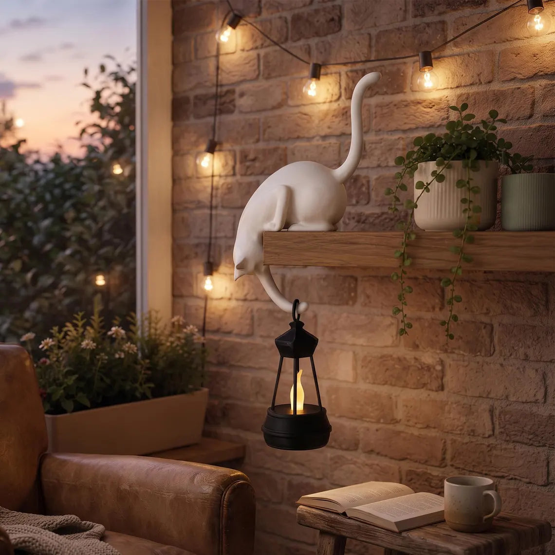 🐈‍Speelse kattenfiguur met LED-lantaarn voor op de boekenplank – Leuke decoratie voor je boekenplank en handige sleutelhaak