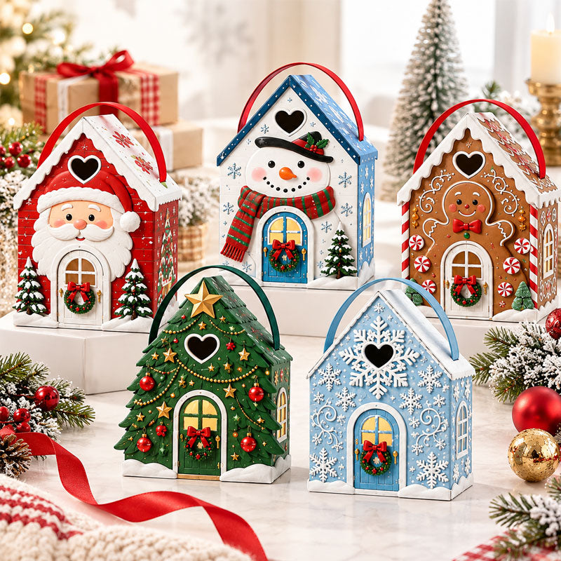 Kersthuisje geschenkdoos met handvat – 3D feestelijke snoep- en koekjesverpakking