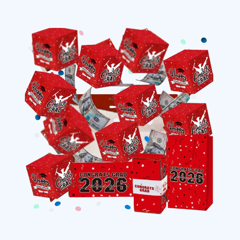 Een vrolijke rode envelop als afstudeercadeau.