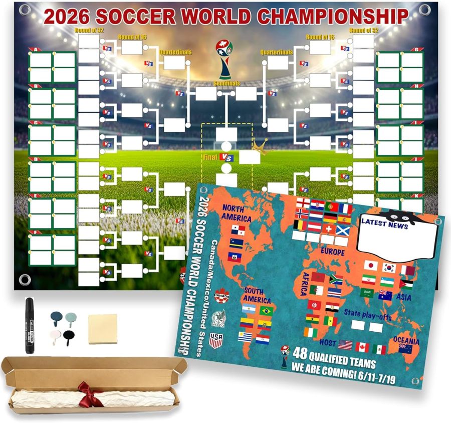 Poster met het speelschema van het WK 2026 en een overzicht van de 48 teams in de finaleronde