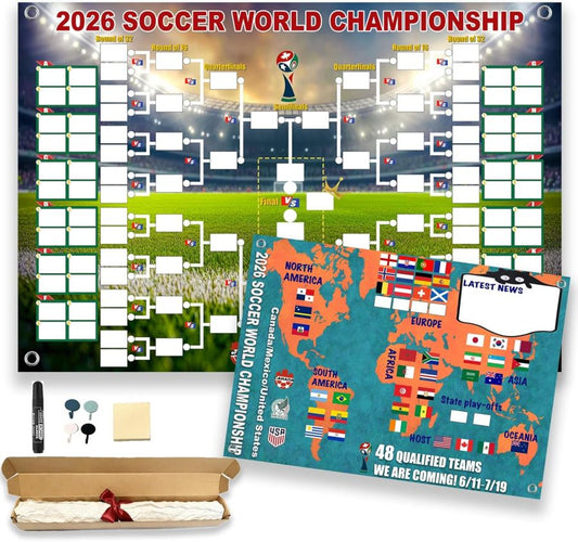 Poster met het speelschema van het WK 2026 en een overzicht van de 48 teams in de finaleronde