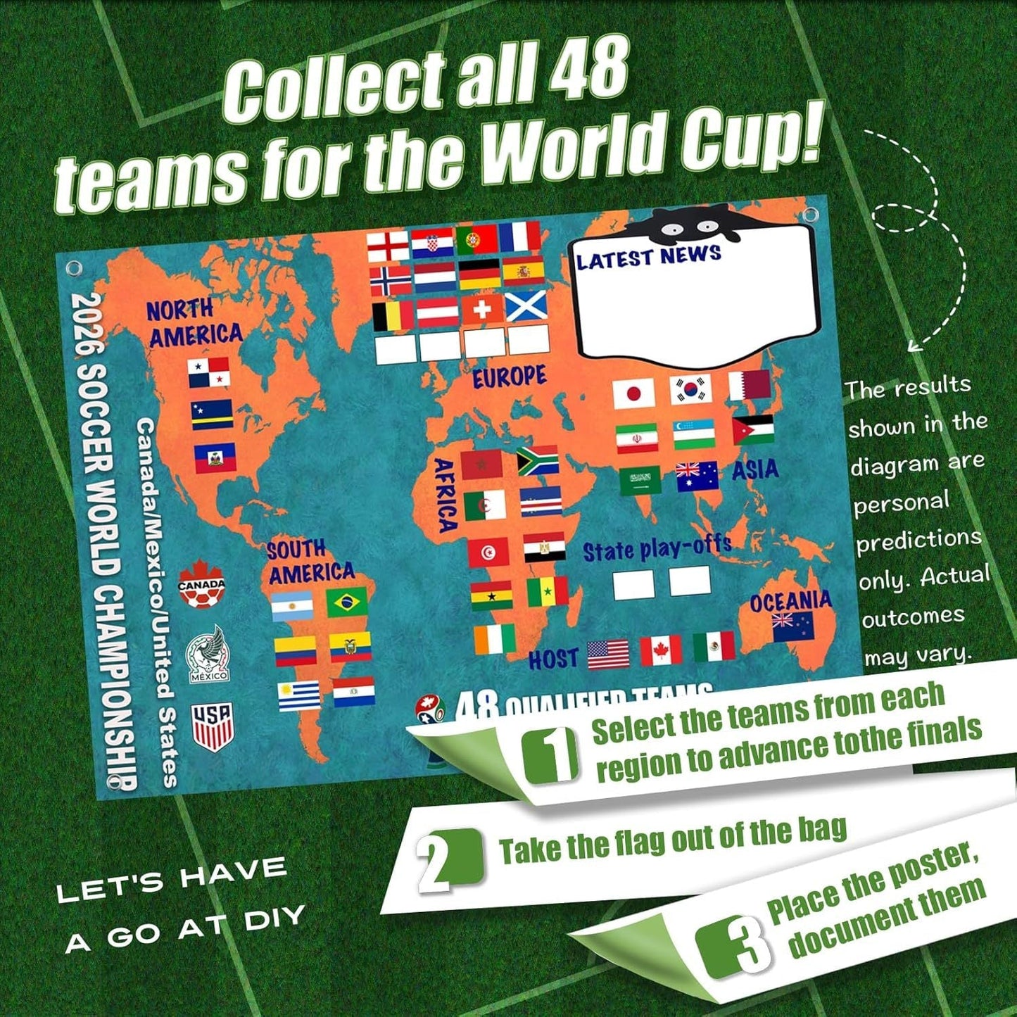 Poster met het speelschema van het WK 2026 en een overzicht van de 48 teams in de finaleronde