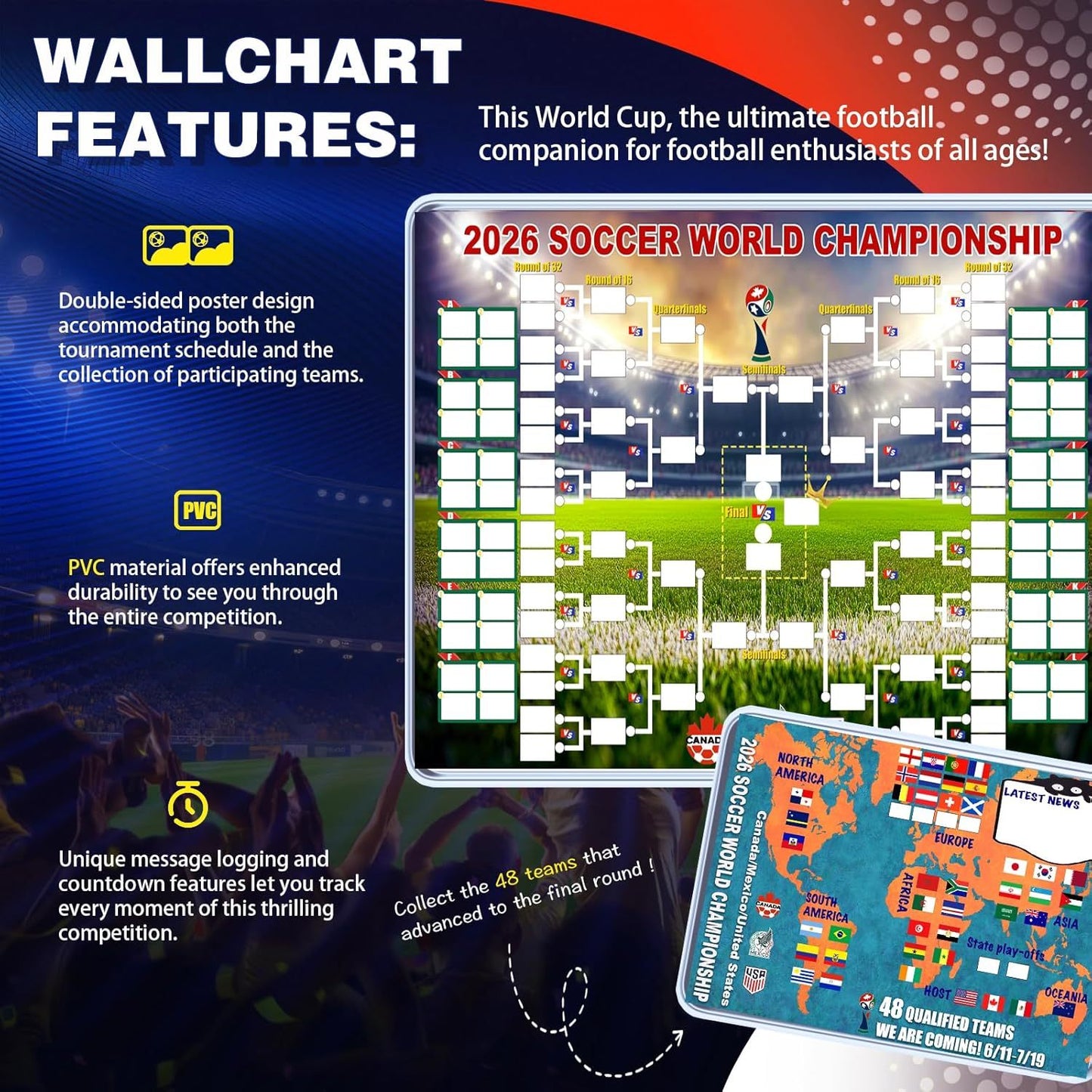 Poster met het speelschema van het WK 2026 en een overzicht van de 48 teams in de finaleronde
