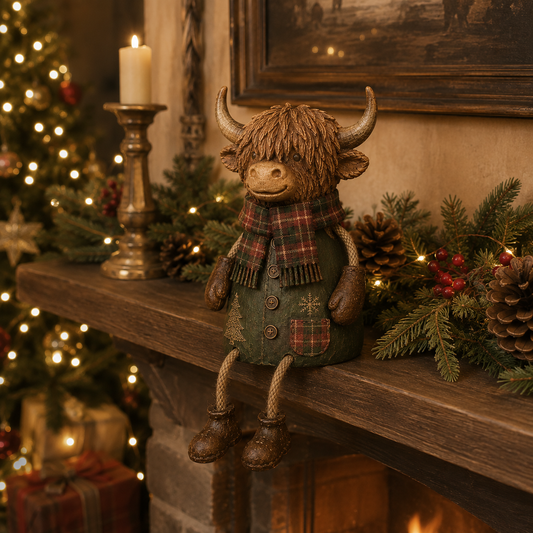 Feestelijke Schotse hooglandkoe als decoratie voor op een plank – Rustieke kerstdecoratie voor thuis