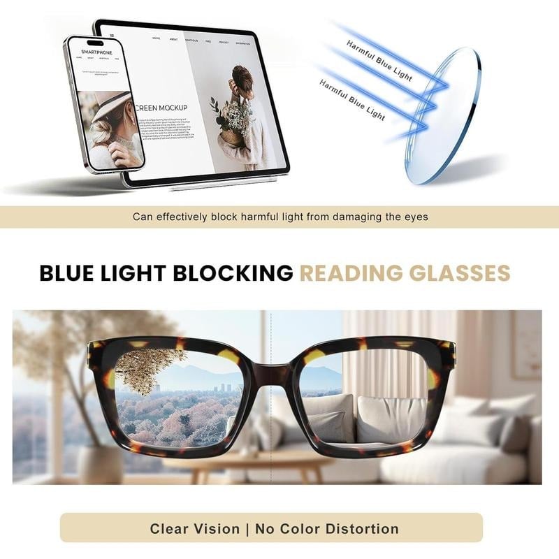 👓 Set van 3 leesbrillen met schildpadmotief – Extra grote vierkante leesbrillen die blauw licht blokkeren