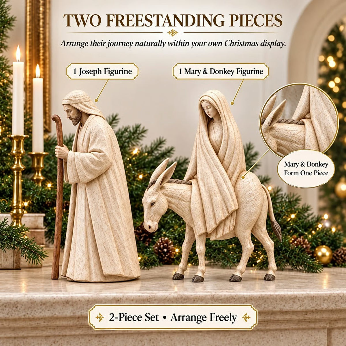 Kerstdecoratie met de titel "Heilige Reis" en "Kerststalbeeldjes" - Jozef en Maria op een ezel.