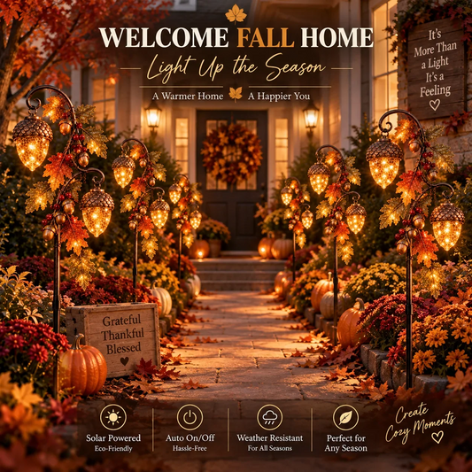 🍁 Herfst Acorn Glow – Solar Dubbele Eikel Tuinlamp op Steekpaal