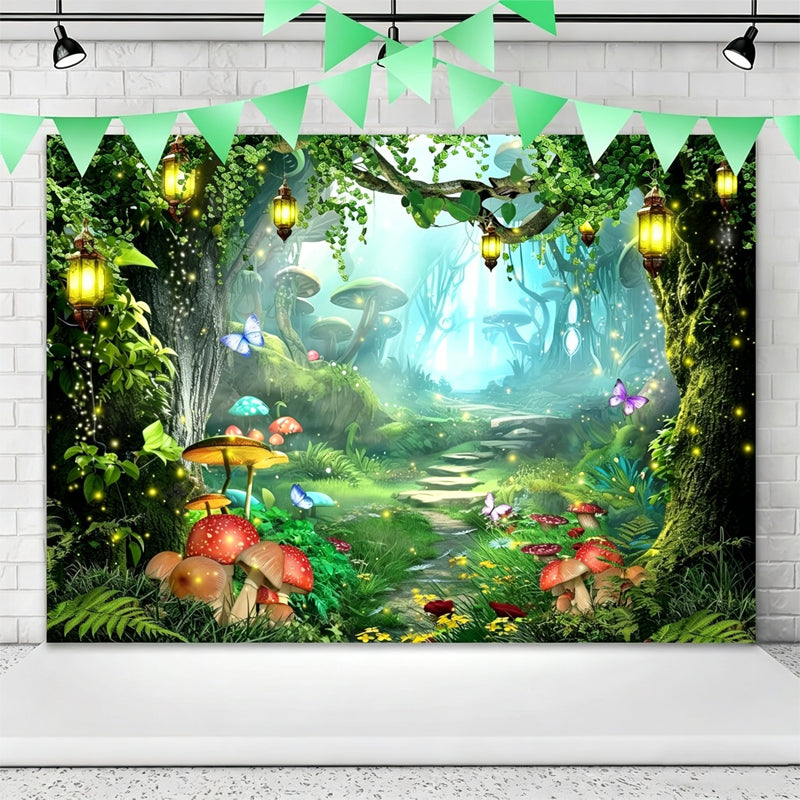 Magische bosachtergrondbanner met bloemen en vlinders — Decoratie voor een verjaardagsfeest in de buitenlucht
