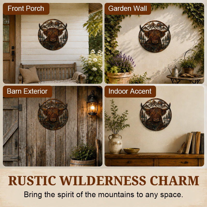 Metalen wanddecoratie met Schotse hooglandkoeien en berglandschap