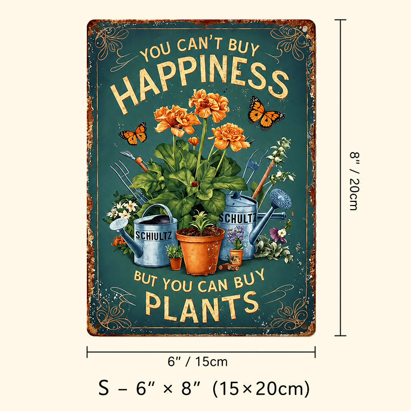 Vintage metalen tuinbord met de tekst "Je kunt geen geluk kopen, maar wel planten".