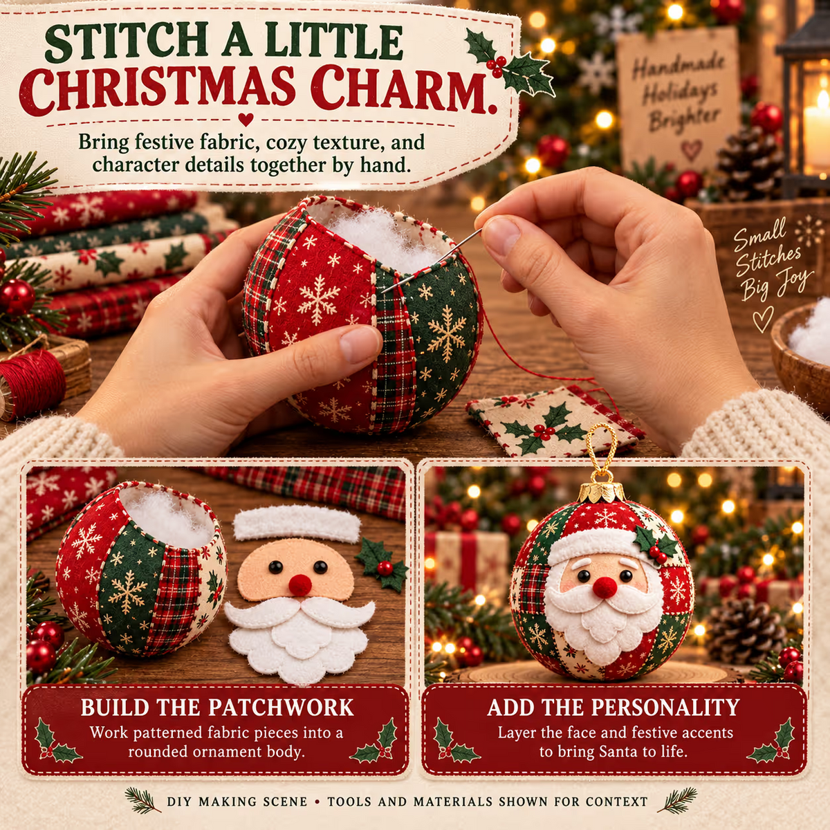 🎄Beginnersvriendelijke, gezellige patchwork kerstornamentencollectie | 8 feestelijke figuren voor bomen, kransen en kerstcadeaus ✨