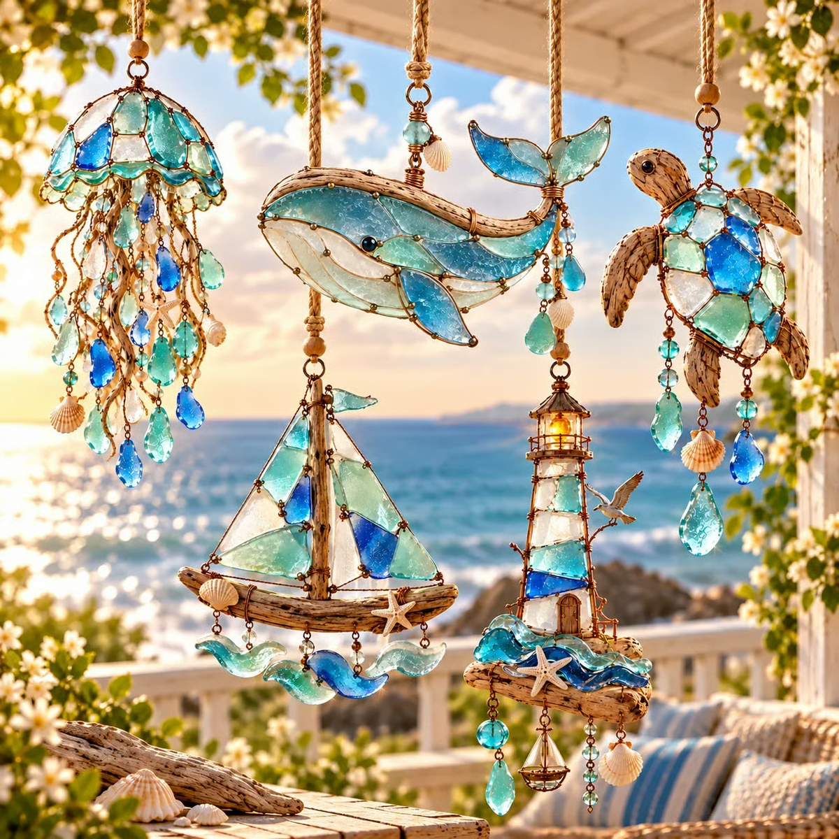 🌊✨ Zeeglas kustbedeltjes – Handgemaakte oceaan raamhangers en hangende ornamenten collectie