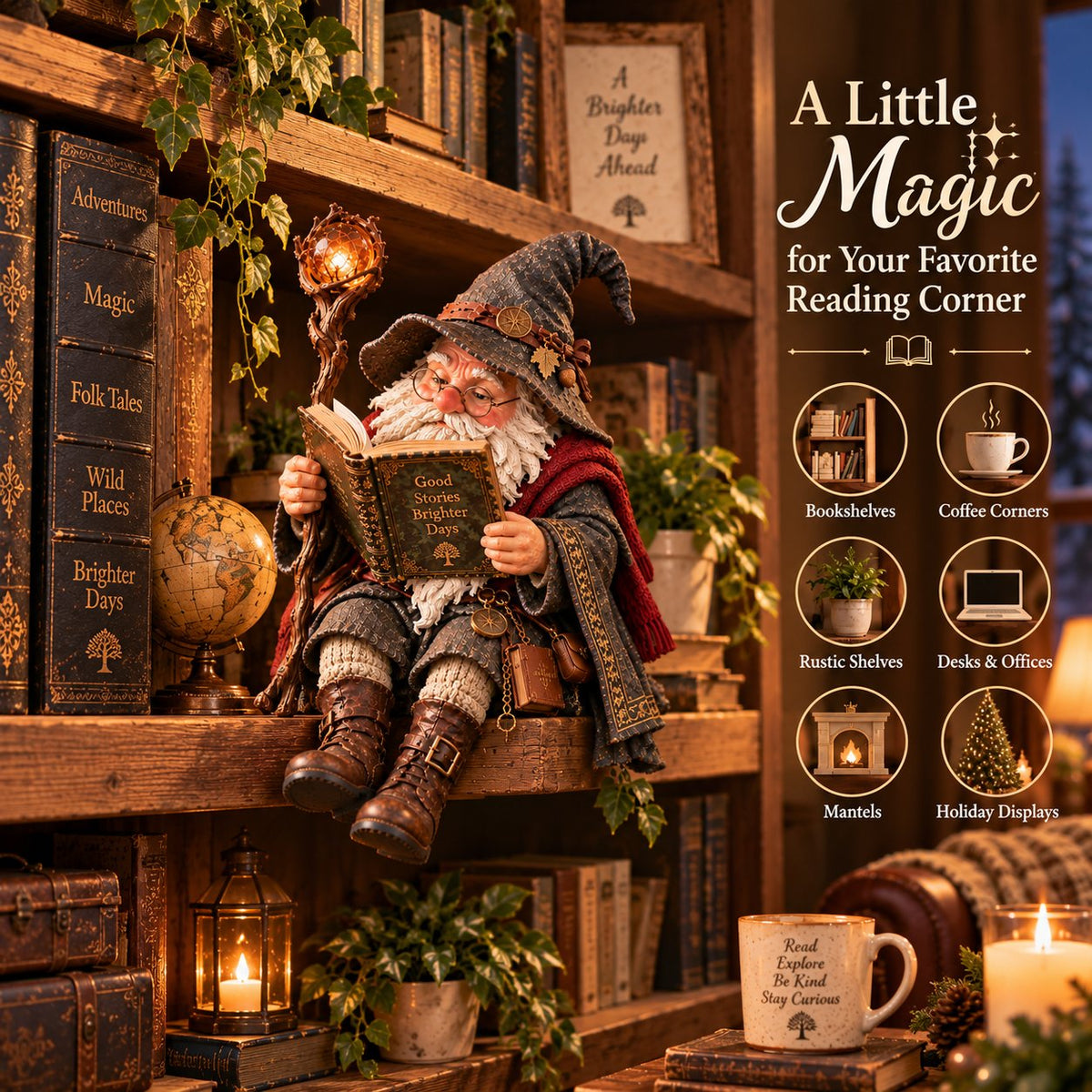 🧙‍♂️ De rondtrekkende geleerde kabouter – Betoverde lezende tovenaarsfiguur