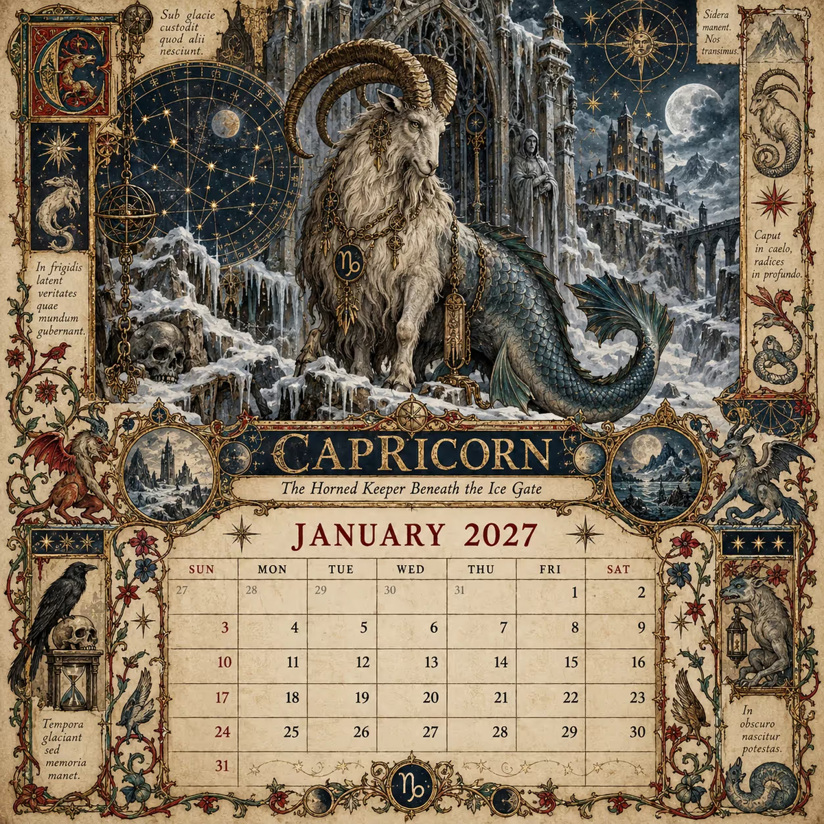 🔮 Bureaukalender met dierenriemtekens voor 2027 | 12 middeleeuws geïnspireerde dierenriemtekeningen voor liefhebbers van astrologie en gotische kunst ✨