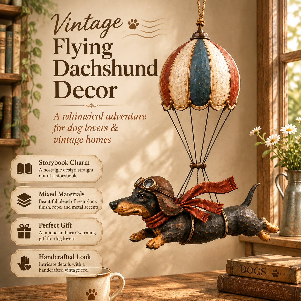 Vintage decoratie met een vliegende teckel in een heteluchtballon