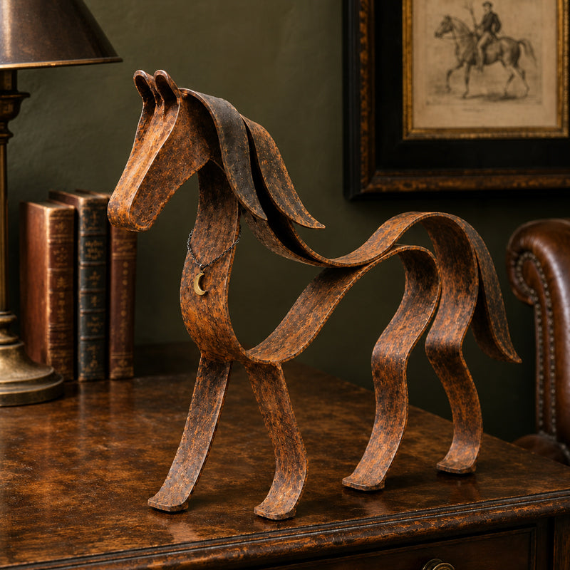 Vintage metalen paardensculptuur – Rustieke paardensportdecoratie voor in huis 🐎