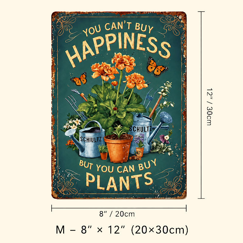 Vintage metalen tuinbord met de tekst "Je kunt geen geluk kopen, maar wel planten".