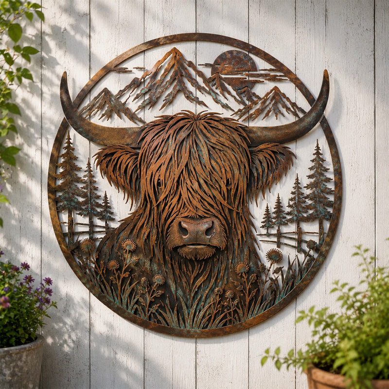 Metalen wanddecoratie met Schotse hooglandkoeien en berglandschap