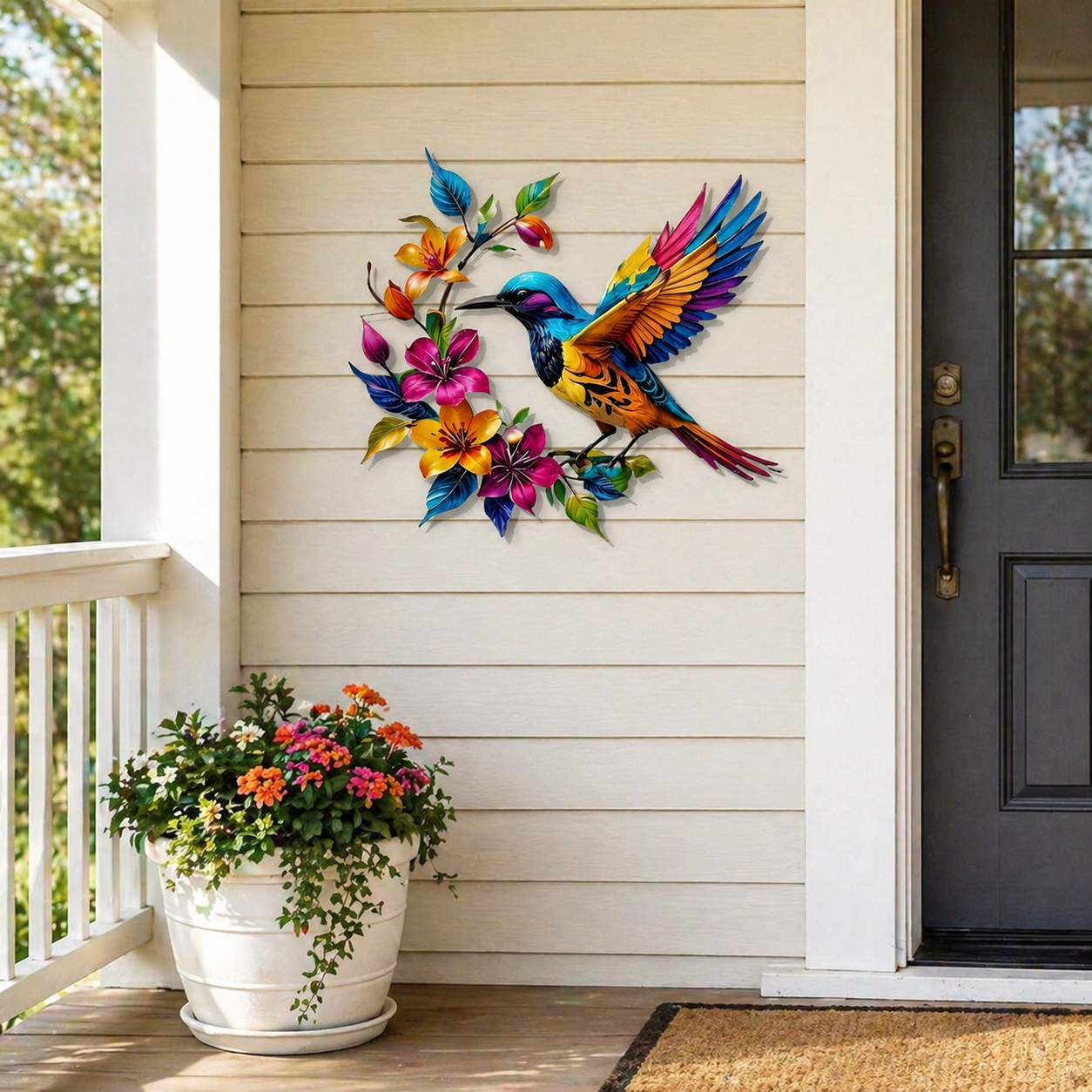 Metalen wanddecoratie met bloeiende kolibrie
