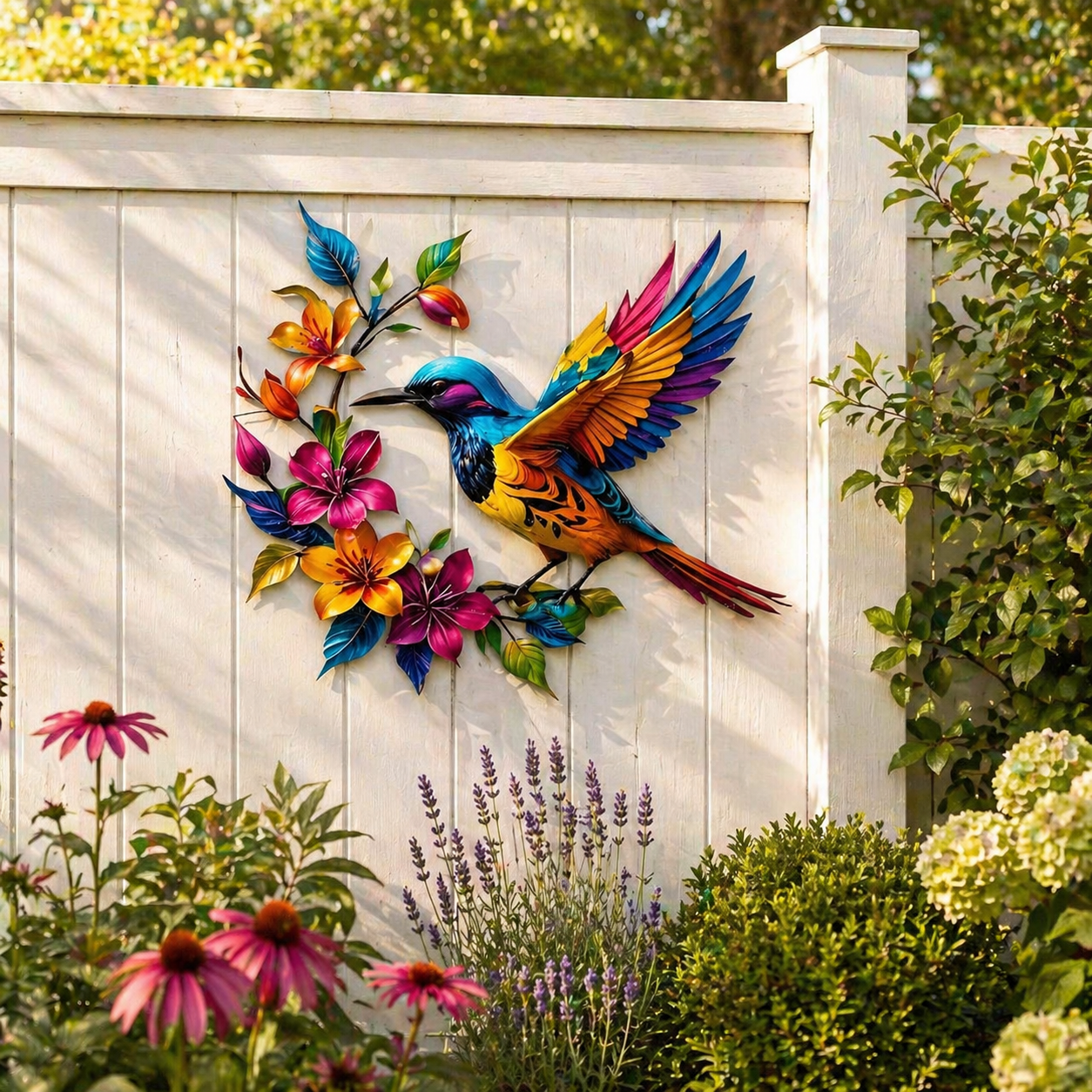 Metalen wanddecoratie met bloeiende kolibrie