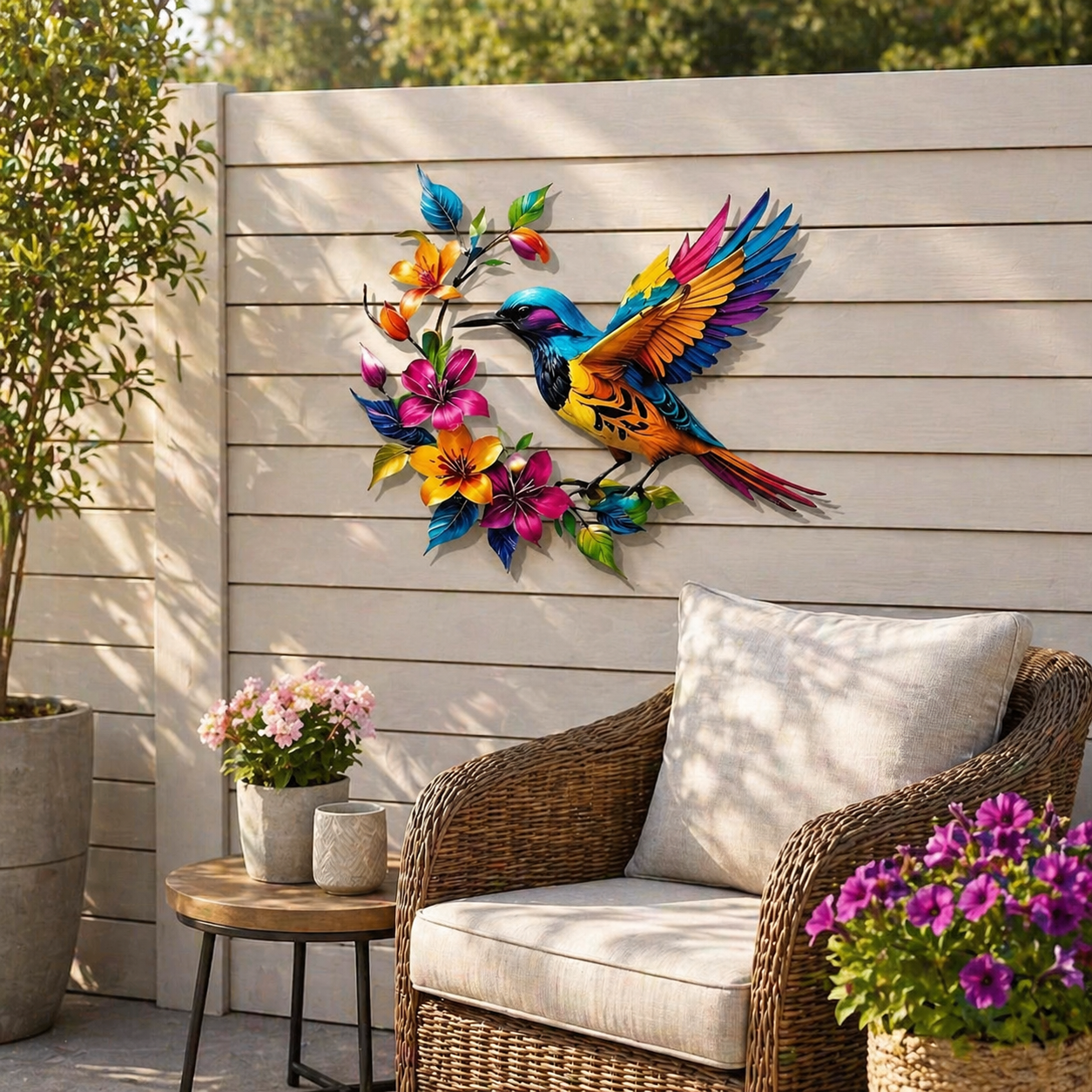 Metalen wanddecoratie met bloeiende kolibrie