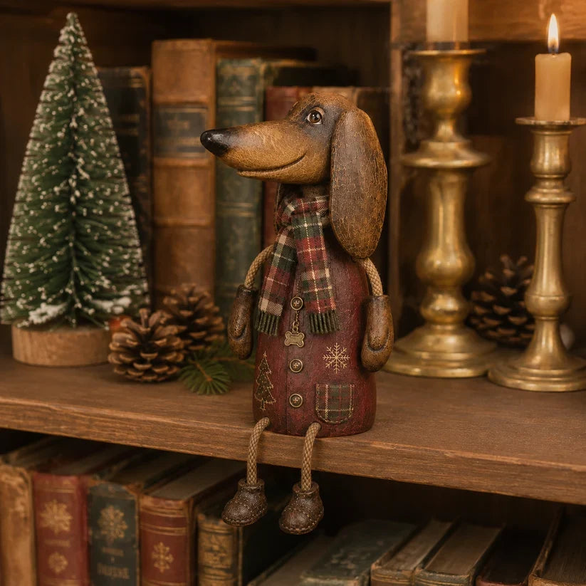 🏡Vintage kerstdecoratie met teckel voor op de plank – Feestelijke hondendecoratie & cadeau