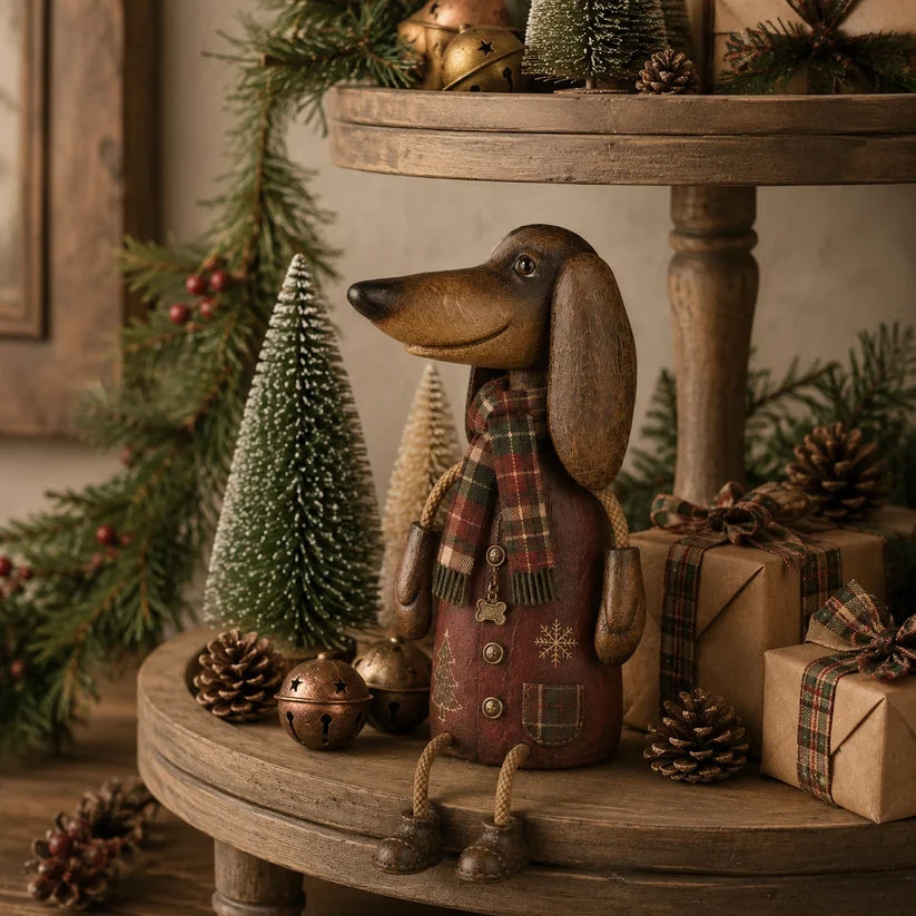 🏡Vintage kerstdecoratie met teckel voor op de plank – Feestelijke hondendecoratie & cadeau
