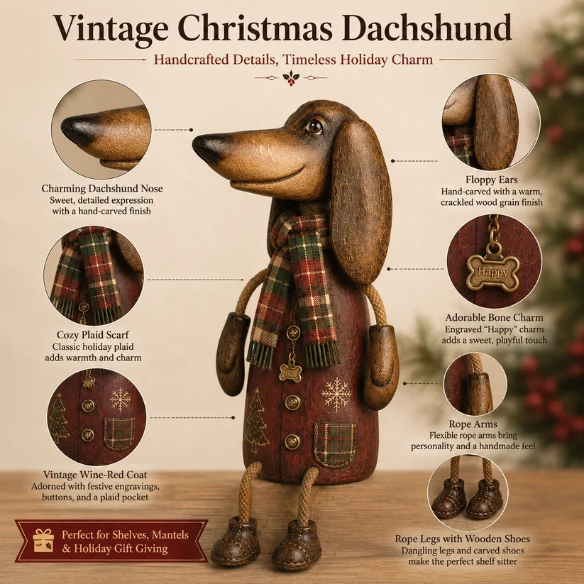 🏡Vintage kerstdecoratie met teckel voor op de plank – Feestelijke hondendecoratie & cadeau