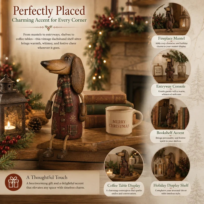 🏡Vintage kerstdecoratie met teckel voor op de plank – Feestelijke hondendecoratie & cadeau