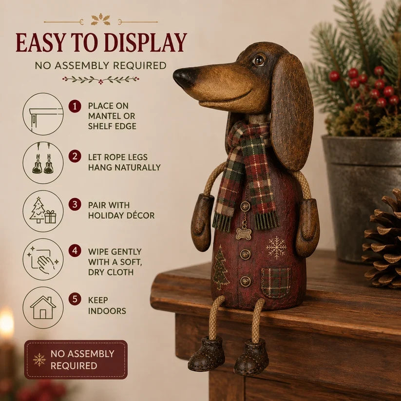 🏡Vintage kerstdecoratie met teckel voor op de plank – Feestelijke hondendecoratie & cadeau