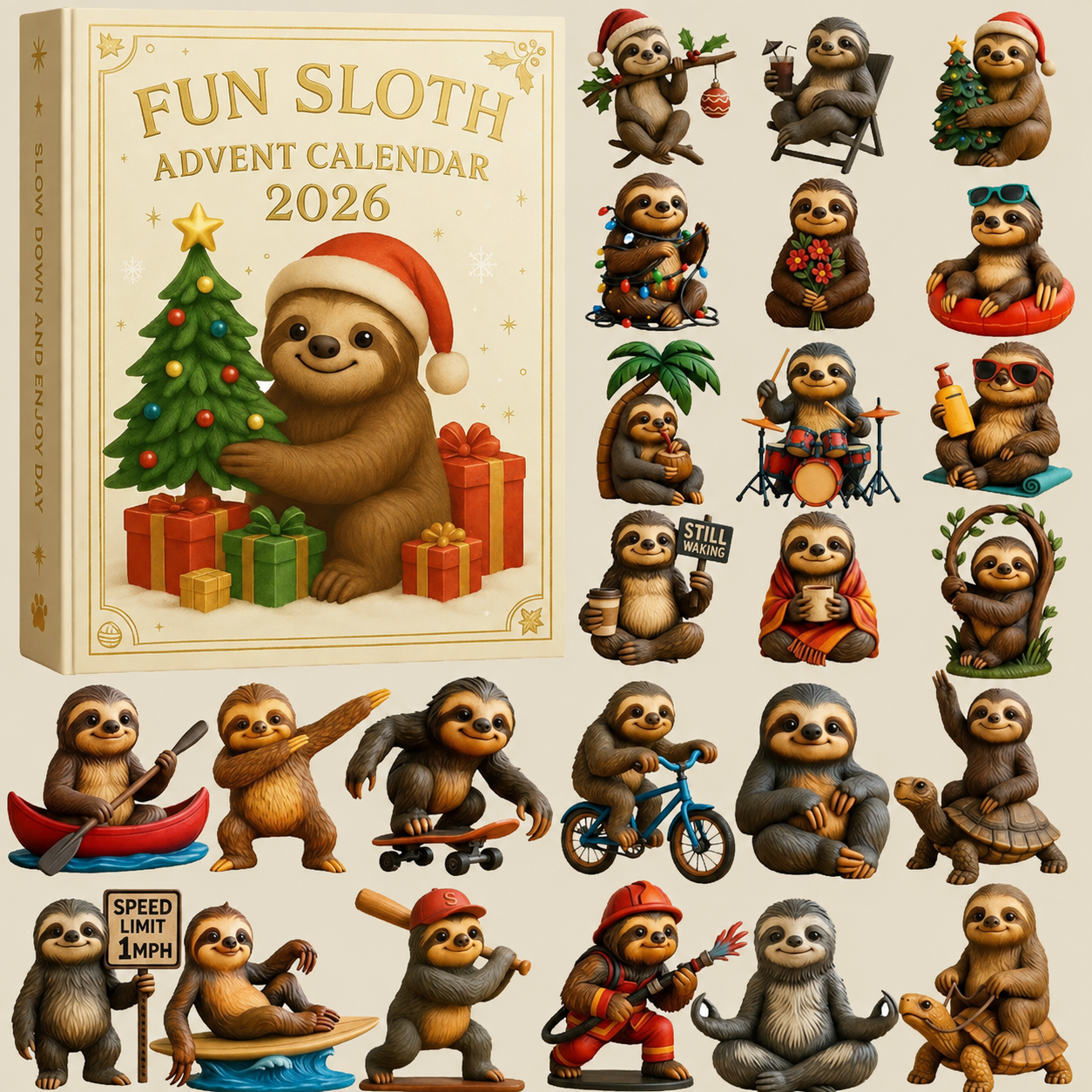 🦥Leuke luiaard kerstkalender 2026 – Schattige luiaard aftelcollectie🎄