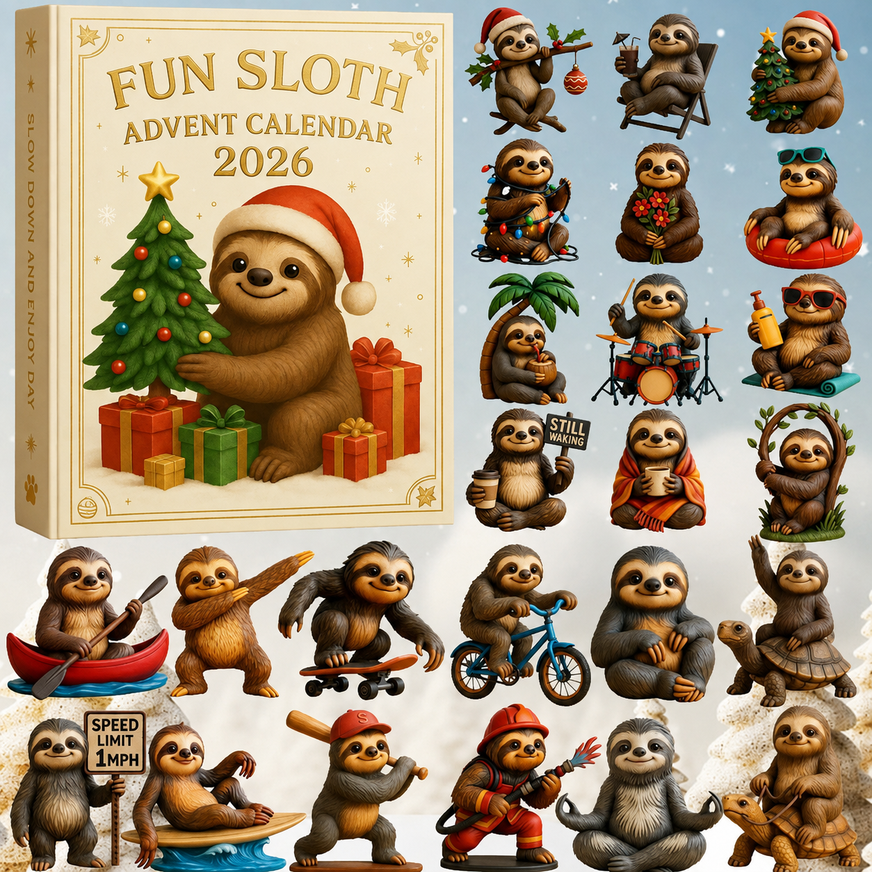 🦥Leuke luiaard kerstkalender 2026 – Schattige luiaard aftelcollectie🎄