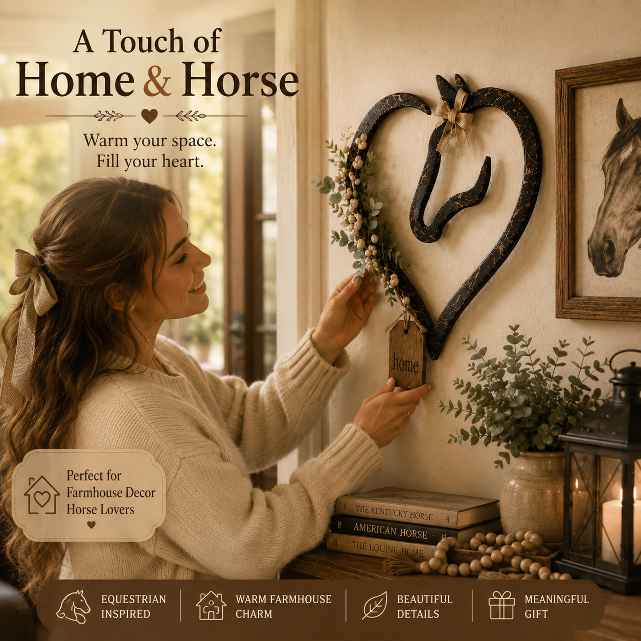 🐴Rustieke paardenhart wanddecoratie met groen – Landelijke paardensport woonaccessoire