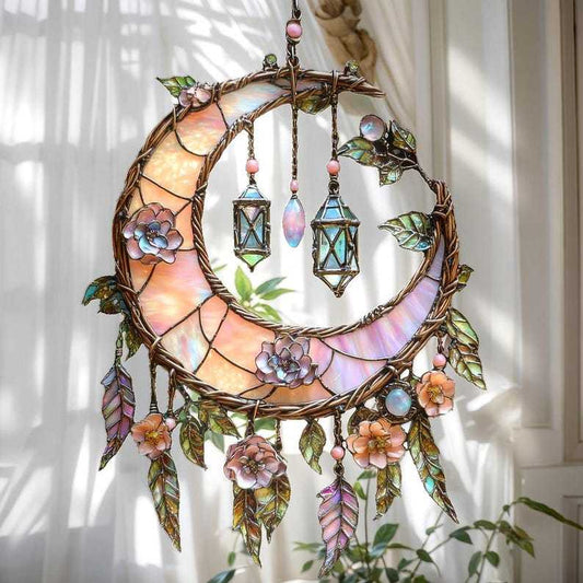 Handgeschilderde maan- en bloemenraamdecoratie💖