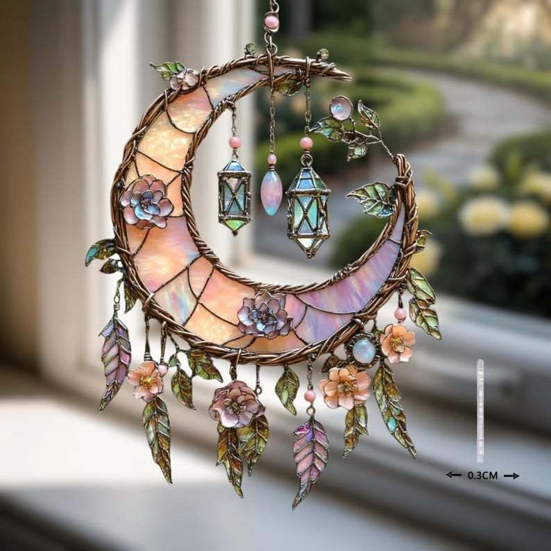 Handgeschilderde maan- en bloemenraamdecoratie💖
