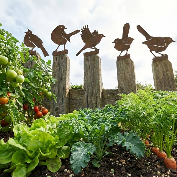 5-delige levensechte roestige metalen vogelsilhouetten als tuindecoratie