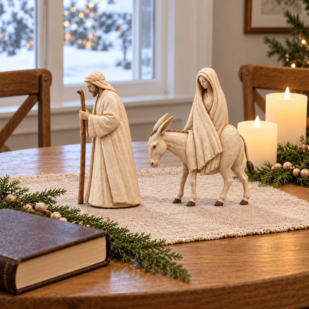 Kerstdecoratie met de titel "Heilige Reis" en "Kerststalbeeldjes" - Jozef en Maria op een ezel.