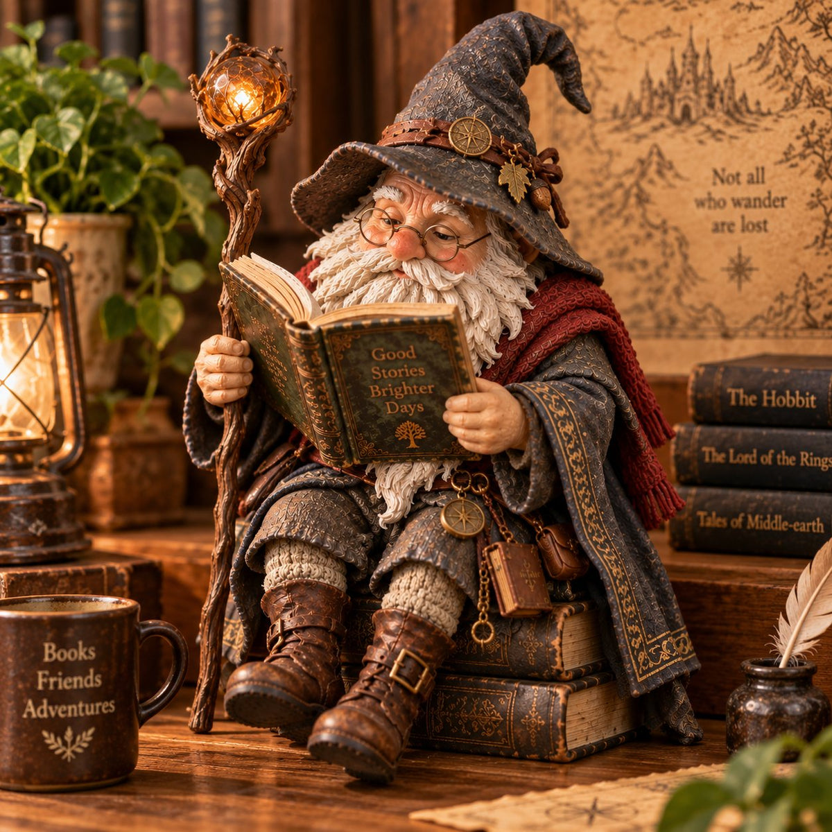 🧙‍♂️ De rondtrekkende geleerde kabouter – Betoverde lezende tovenaarsfiguur
