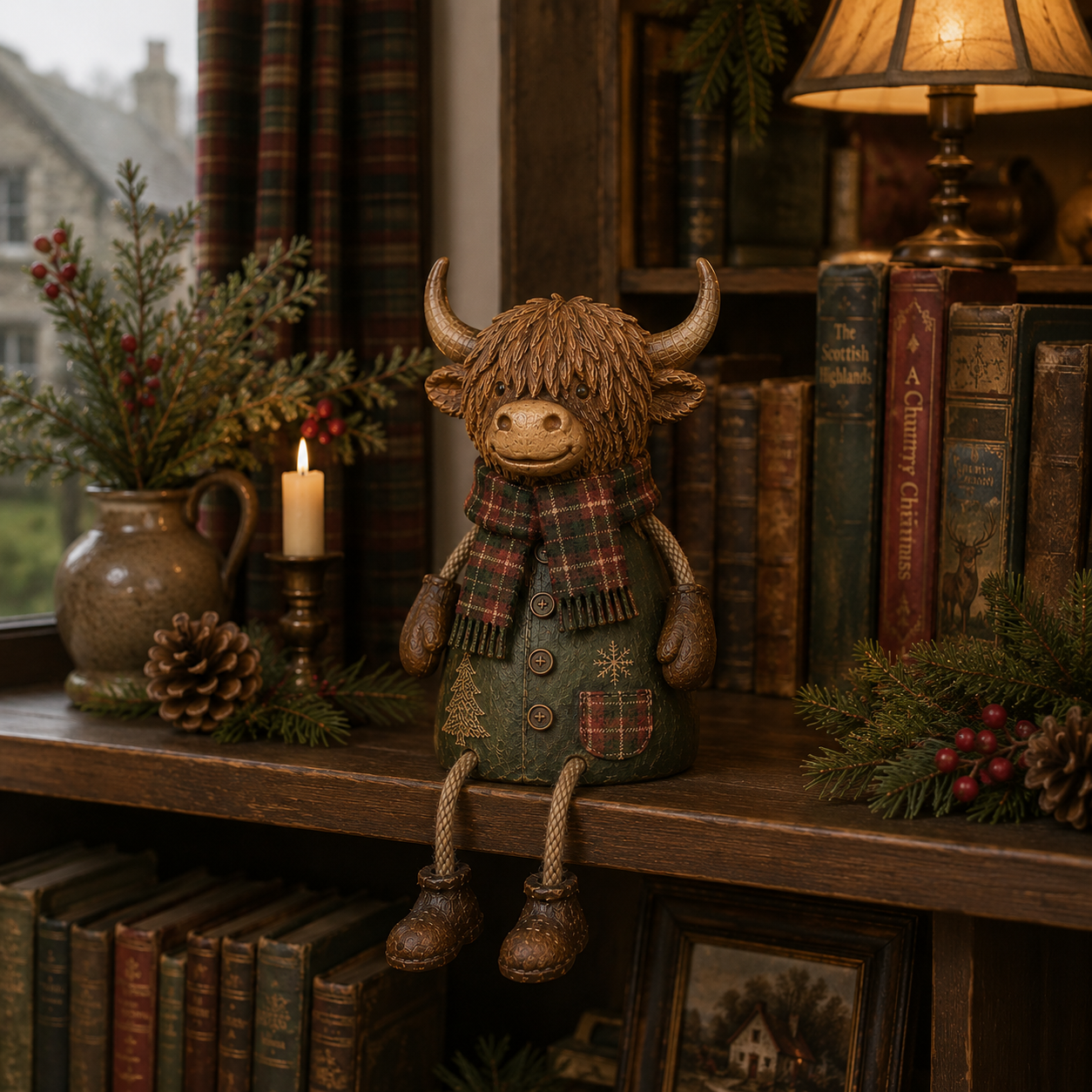 Feestelijke Schotse hooglandkoe als decoratie voor op een plank – Rustieke kerstdecoratie voor thuis